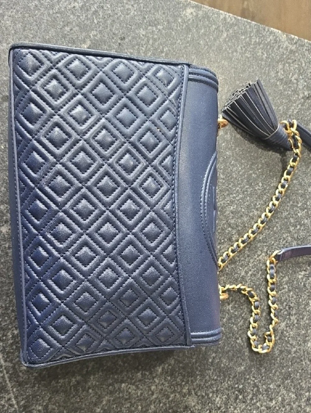 Tory Burch Navy Leather Quilted Flap Shoulder Bag with Gold Chain